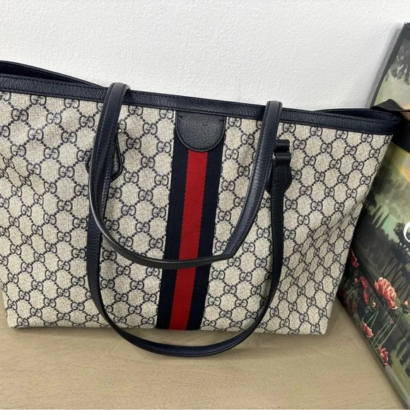 Gucci GG Supreme Monogram Textured Calfskin Web Medium Ophidia Shopping Tote - Picture 6 of 16